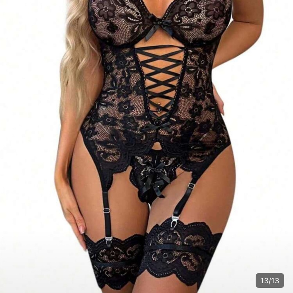 SHEIN Black Floral Lace Crisscross Garter Teddy